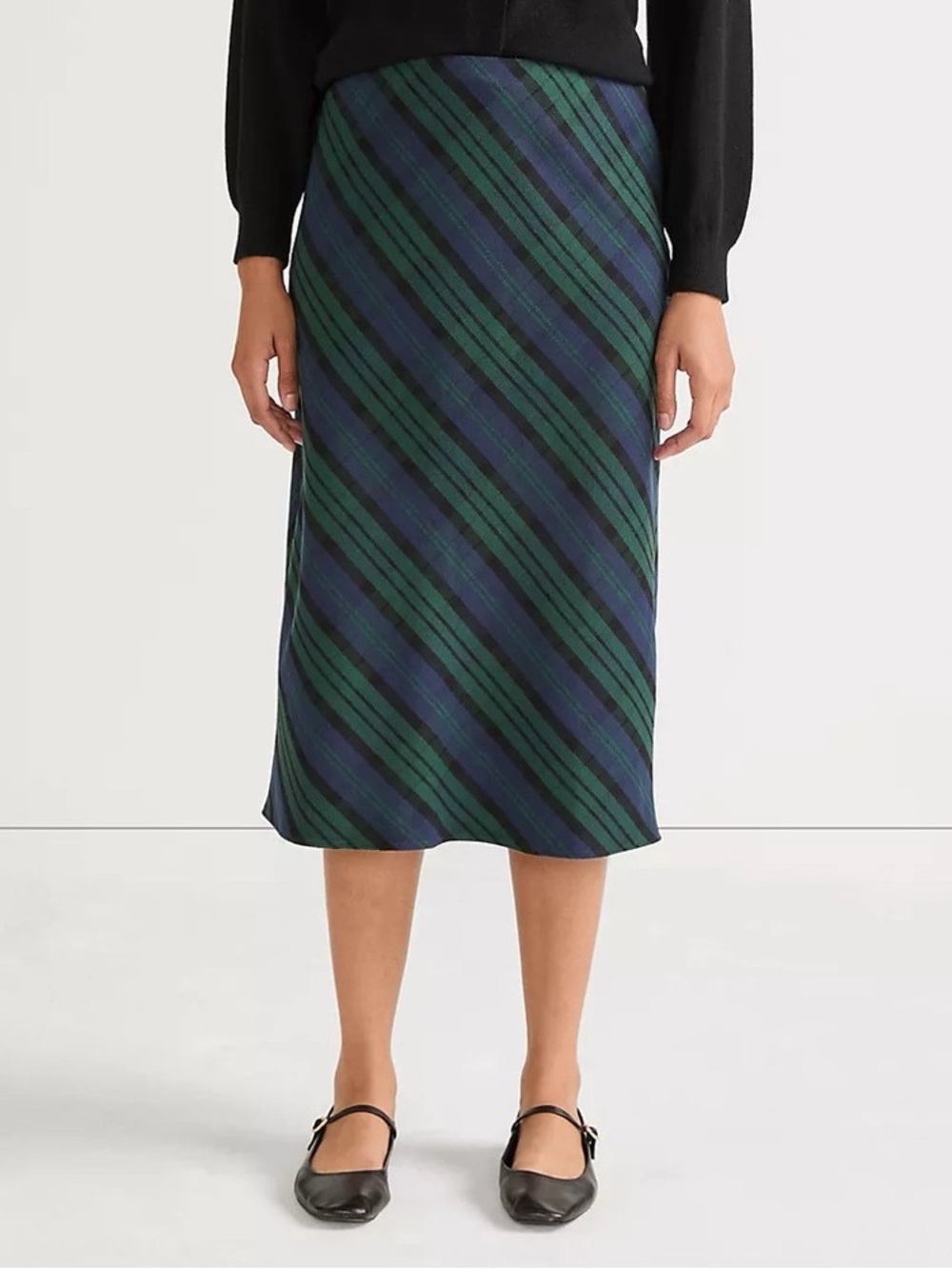 Lands End Classic Navy & Dark Green Diagonal Stripe Plaid Flannel Skirt Size 16